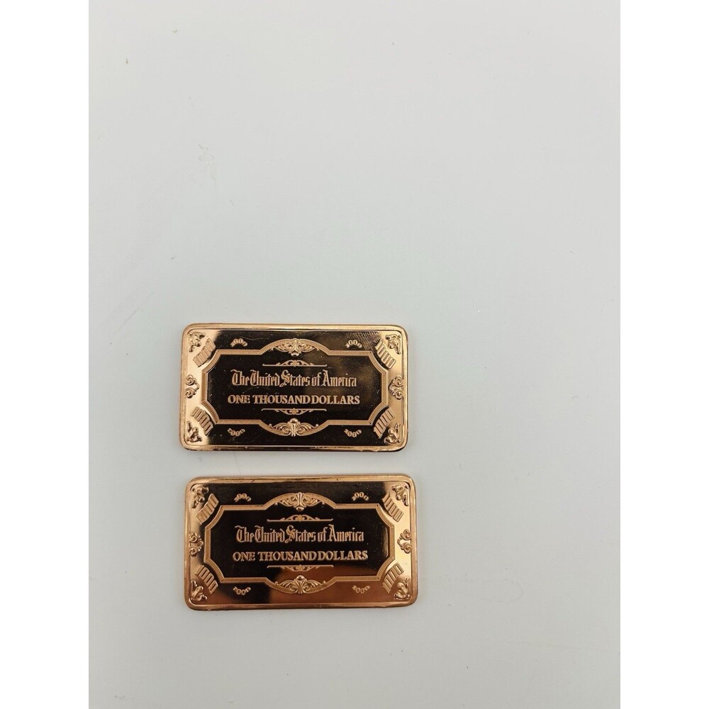Lot of 2 One Troy Oz .999 Fine Copper $1000 Federal Reserve Note Bullion Bars